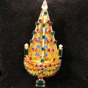 Vintage Signed Joseph Warner Christmas Tree chandelier Pin Brooch